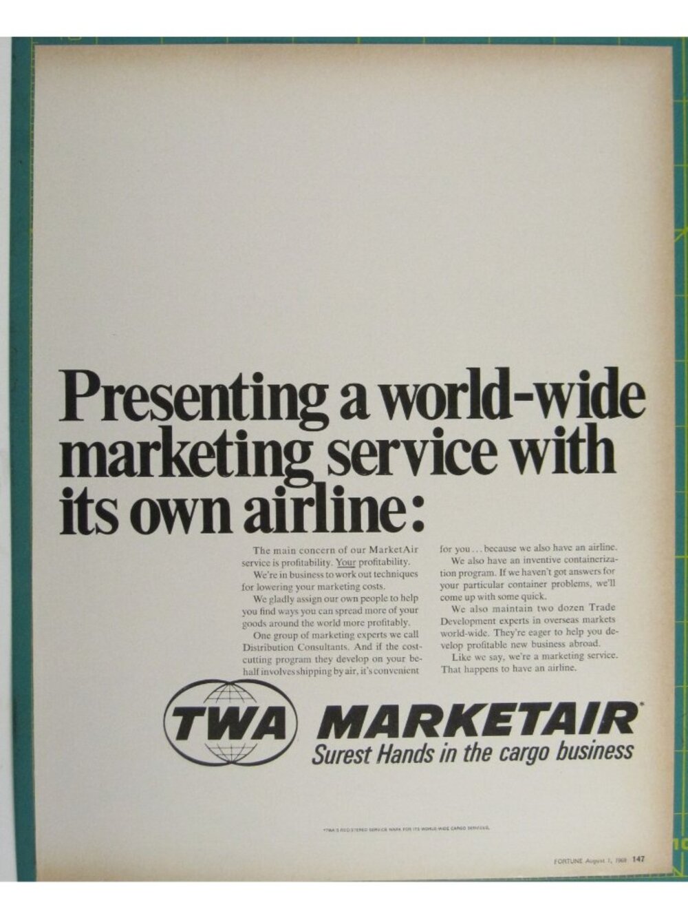 Print Ad Presenting A World-Wide Marketing Service TWA Marketair Cargo Business